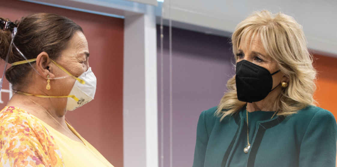 Mays Cancer Center patient Rainee Miller, left, pictured with first lady Jill Biden.