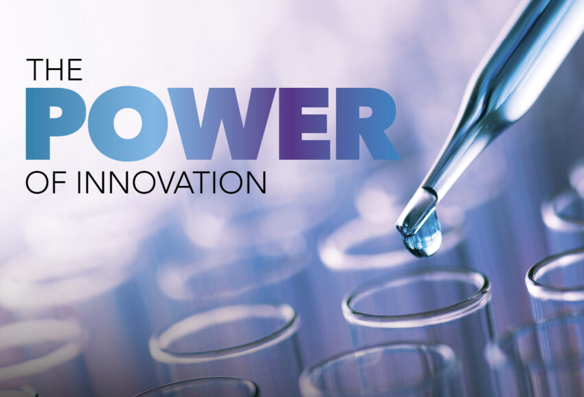 A pipette drips a liquid into a vile. The Power of Innovation.