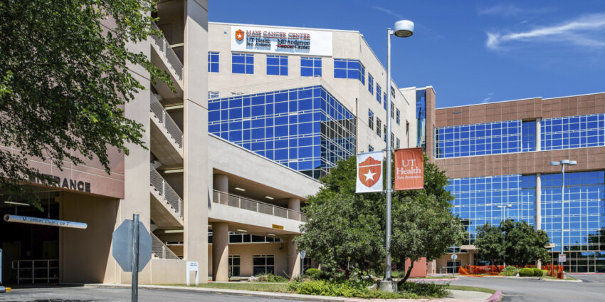 A low shot of the Mays Cancer Center at UT Health San Antonio.