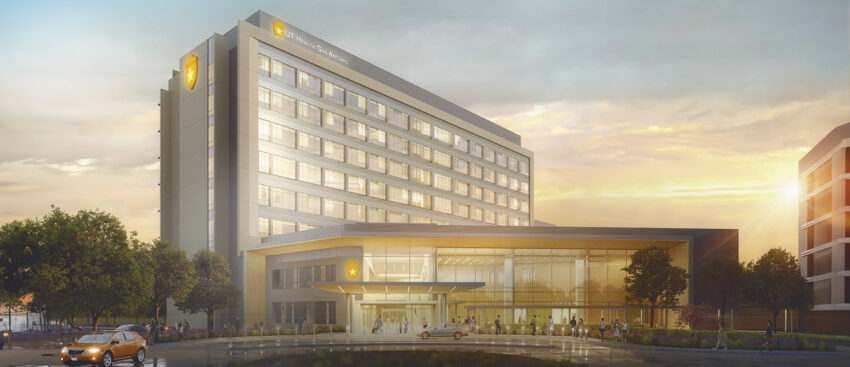 Rendering of the north side of the UT Health San Antonio Multispecialty and Research Hospital.