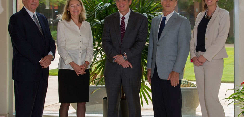 Ellis Tudzin, foundation trustee; Paula Hern, foundation chair and daughter of John Hern; Glenn Halff, M.D., director of the University Transplant Center; Tom Barbour, foundation trustee and husband of Paula Hern; and Jennifer Milton, M.B.A., B.S.N., CCTC, administrative director and clinical assistant professor of the University Transplant Center.