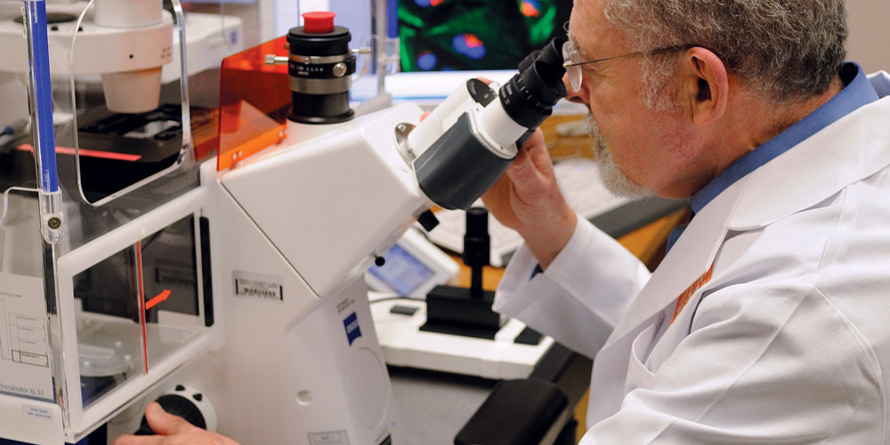 Joel B. Baseman, Ph.D., examines live cells using an inverted fluorescence microscope, which was purchased with funds from the Kleberg Foundation grant. The technology allows researchers to closely observe pulmonary pathogens, and better understand how these infectious agents invade human cells and grow and multiply in the body. Their goal is to develop innovative treatments to prevent asthma and other acute and chronic airway diseases.
