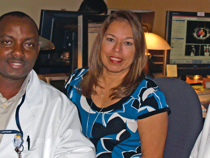 Titus Kyenzeh (left) is a student in the Department of Radiation Oncology’s medical dosimetry certification program, which just earned accreditation thanks to a yearlong effort by Clinical Director Diana Baacke (center), Education Director Alonso Gutiérrez, Ph.D., (right) and the program’s director, Nikos Papanikolaou, Ph.D., (not pictured).