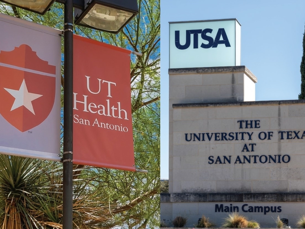 composite photo showing signage of UT Health San Antonio and UTSA