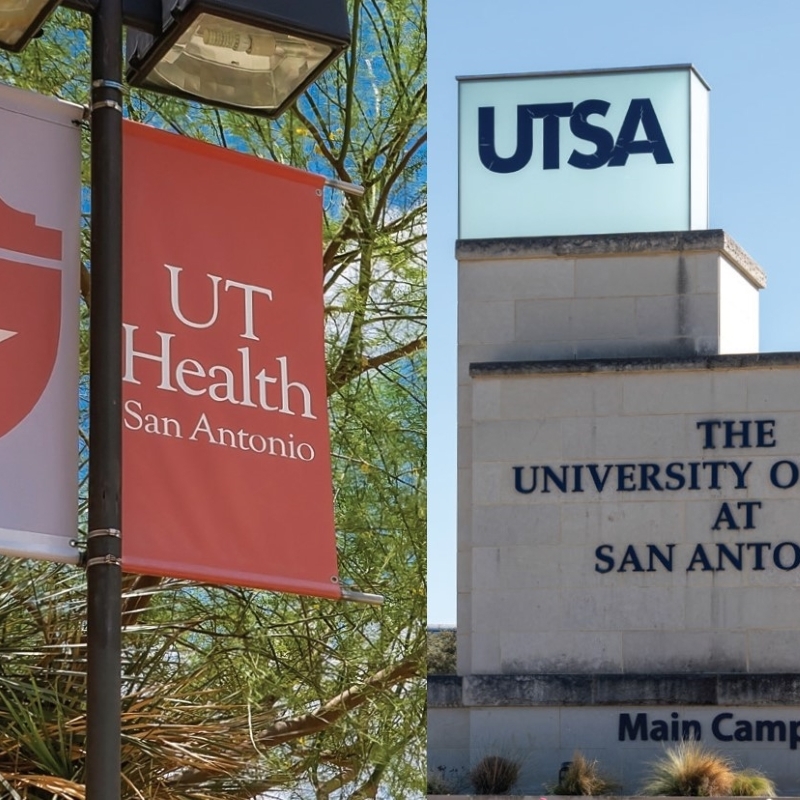 composite photo showing signage of UT Health San Antonio and UTSA