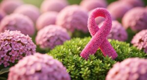 A textured pink ribbon, a powerful symbol for breast cancer awareness, is nestled among lush green plants and surrounded by soft pink hydrangea flowers, representing hope and support.