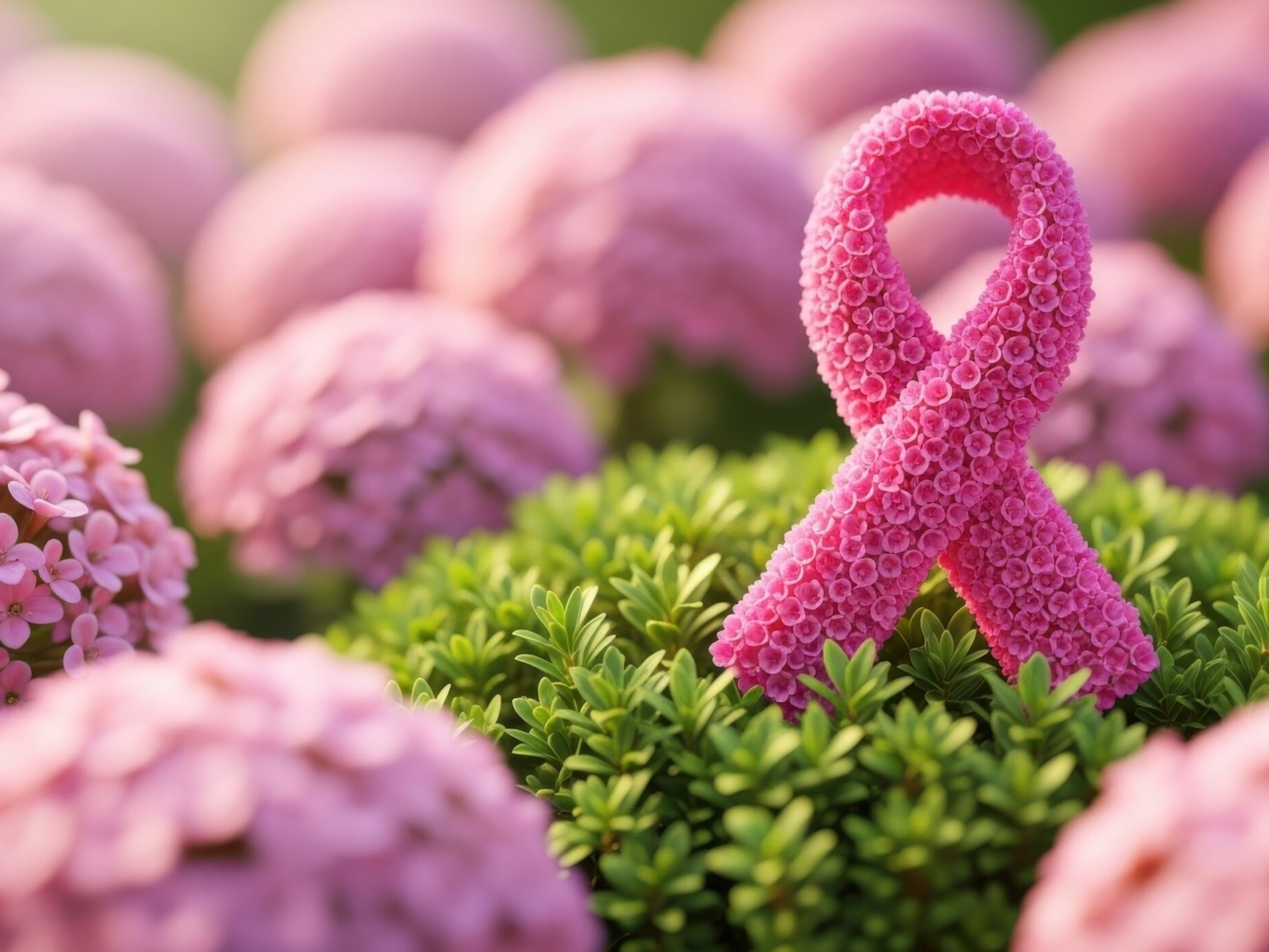 A textured pink ribbon, a powerful symbol for breast cancer awareness, is nestled among lush green plants and surrounded by soft pink hydrangea flowers, representing hope and support.