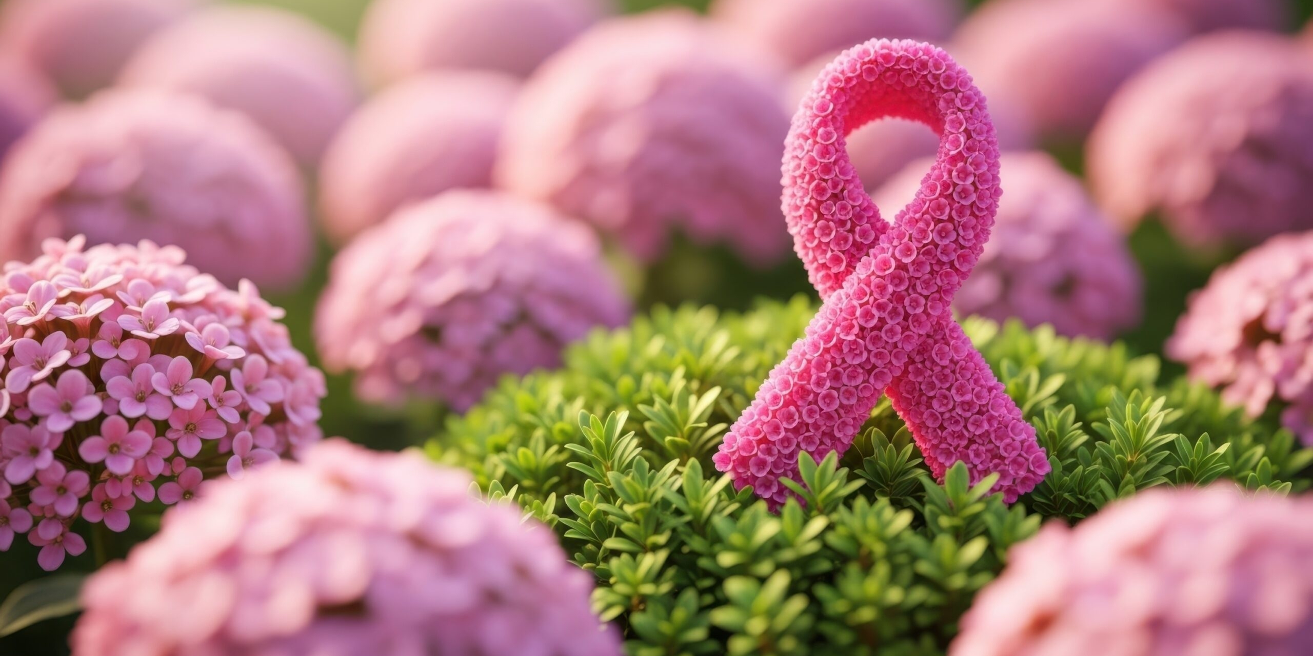 A textured pink ribbon, a powerful symbol for breast cancer awareness, is nestled among lush green plants and surrounded by soft pink hydrangea flowers, representing hope and support.