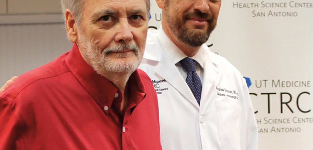 James Burrows (left), a glioblastoma patient of CTRC medical oncologist Andrew J. Brenner, M.D., Ph.D., (right) has benefited from experimental gene therapy.