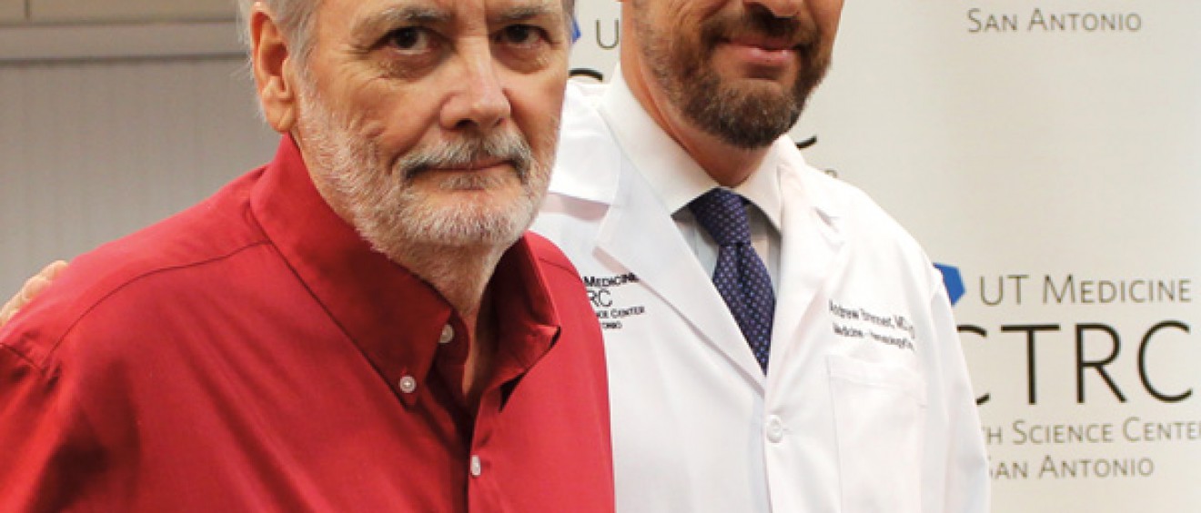 James Burrows (left), a glioblastoma patient of CTRC medical oncologist Andrew J. Brenner, M.D., Ph.D., (right) has benefited from experimental gene therapy.