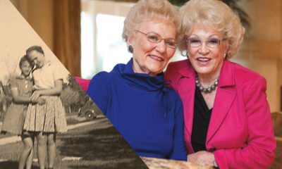 PHOTO INSET, CIRCA 1942: Juanita Ruth Kirkpatrick Smith (right) embraces her cousin Barbara Banker. PHOTO RIGHT, 2016: Barbara Banker (right) visits with her cousin Juanita Ruth Kirkpatrick Smith.