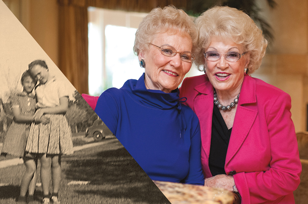 PHOTO INSET, CIRCA 1942: Juanita Ruth Kirkpatrick Smith (right) embraces her cousin Barbara Banker. PHOTO RIGHT, 2016: Barbara Banker (right) visits with her cousin Juanita Ruth Kirkpatrick Smith.