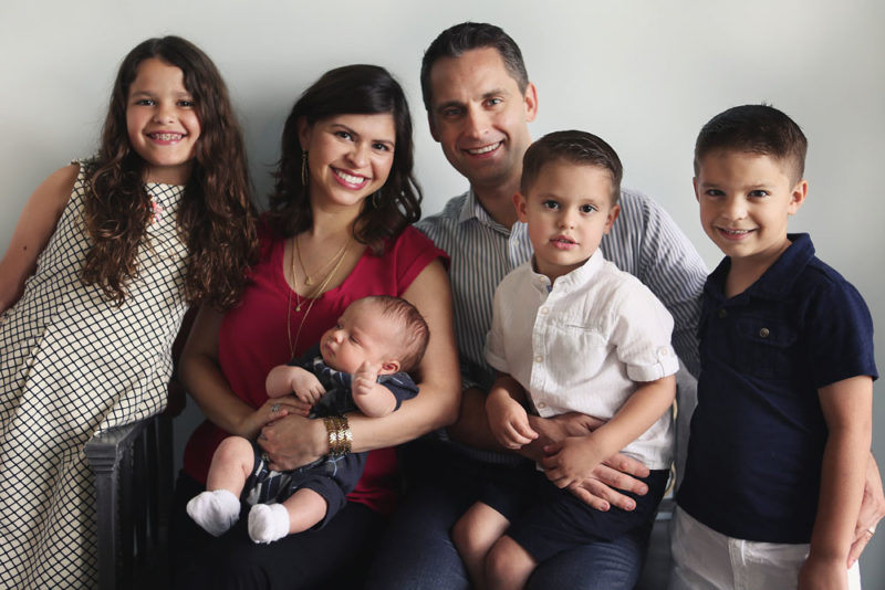 Scott Leune, D.D.S., and Cassandra Leune, B.S.D.H., both Class of 2005 in their respective programs, with their children: Sophia, 9; Ethan, 7; Colin, 4; and Christian, 2 months