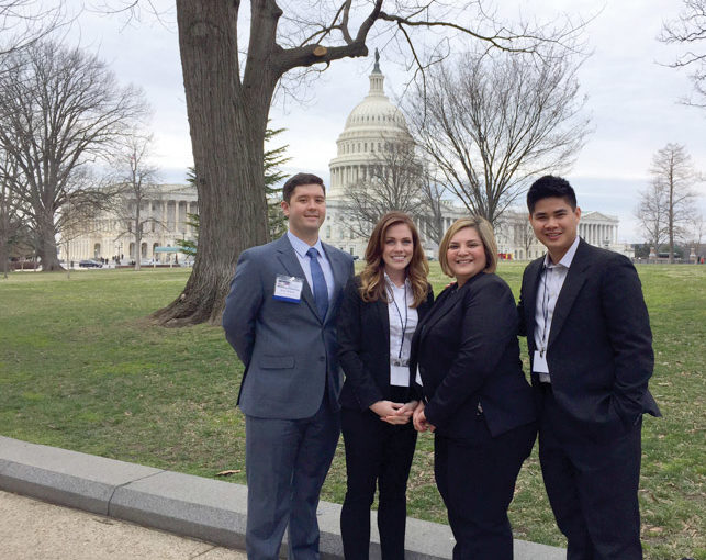 Henry “Hank” Bullock (from left), M.S.N. student; Amber Rogers, Accelerated B.S.N. student; Leticia Ybarra, Ph.D. student, and Bryan Ralloma, Traditional B.S.N. student, from the School of Nursing participated in the American Association of Colleges of Nursing Student Policy Summit in March in Washington, D.C. They traveled to D.C. with Dean Eileen Breslin, who funded their travel through the Dr. Patty L. Hawken Nursing Endowed Professorship.