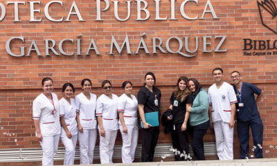 Cecelia Acosta-Cruz, Traditional B.S.N. student, and Sarah Grimmer, Accelerated B.S.N. student (middle in black scrubs), spent spring break in Bogota, Colombia, as part of an educational exchange program with the Universidad Manuela Beltran.