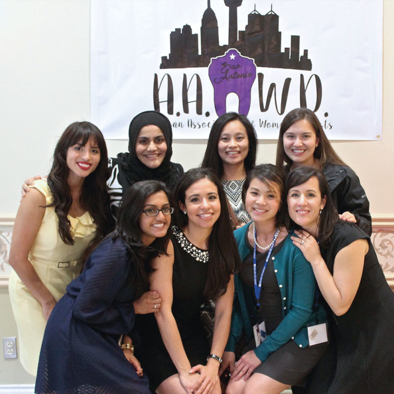 Student leaders (front from left) Krishna Patel, Marinee Cabrera, Nancy Wong, Kristan Rodriguez, (back from left) Stephanie Lomeli, Madiha Khanani, Kim Do and Gaby Aranda enjoy one of the many events hosted by the San Antonio student chapter of the American Association of Women Dentists.
