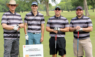 Ray Scott, D.D.S., Class of 1983 (from left); Kyle Gross, dental student/"ringer"; Danny Richter and Ryan Blair made up the Carus Dental golf team.