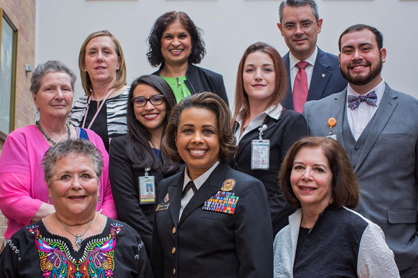 Front row (from left): Norma Martinez Rogers, Ph.D., RN, FAAN; Rear Admiral Sylvia Trent-Adams, former acting U.S. Surgeon General, and Eileen T. Breslin, Ph.D., RN, FAAN, dean of the School of Nursing. Middle row (from left): Carrie Jo Braden, Ph.D., RN, FAAN; Ytzel Rubalcava; and students Katherine Wells and Michael Moreno. Back row (from left): Sara Gill, Ph.D., RN, FAAN; Savitri Singh-Carlson, Ph.D., RN, FAAN, and David Byrd, Ph.D.