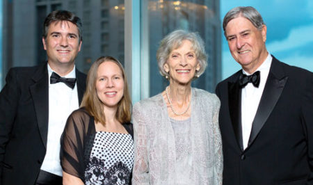 (From left) Joseph R. Becker, M.D., and wife Emily Kaufmann Becker, M.D., both Class of 2005, join his parents Bunny Becker and Richard A. Becker, M.D., FACP, Class of 1971, at the President’s Gala in 2017.