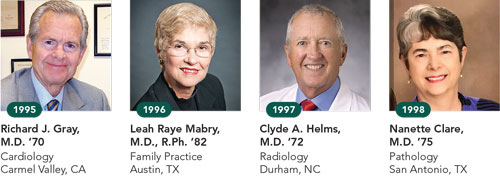 1995, Richard J. Gray, M.D. ’70, Cardiology, Carmel Valley, CA; 1996, Leah Raye Mabry, M.D., R.Ph. ’82, Family Practice, Austin, TX; 1997, Clyde A. Helms, M.D. ’72, Radiology, Durham, NC; 1998, Nanette Clare, M.D. ’75, Pathology, San Antonio, TX