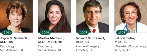 2003, Joyce G. Schwartz, M.D. ’80, Pathology, San Antonio, TX; 2004, Martha Medrano, M.D., M.P.H. ’81, Psychiatry, San Antonio, TX; 2005, Ronald M. Stewart, M.D. ’85, General Surgery, Helotes, TX; 2006, Patricia Sulak, M.D. ’80, Obstetrics/Gynecology, Temple, TX