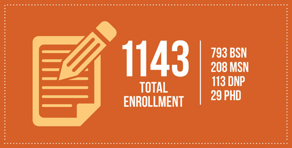 1143 total enrollment / 793 BSN; 208 MSN; 113 DNP; 29 PHD