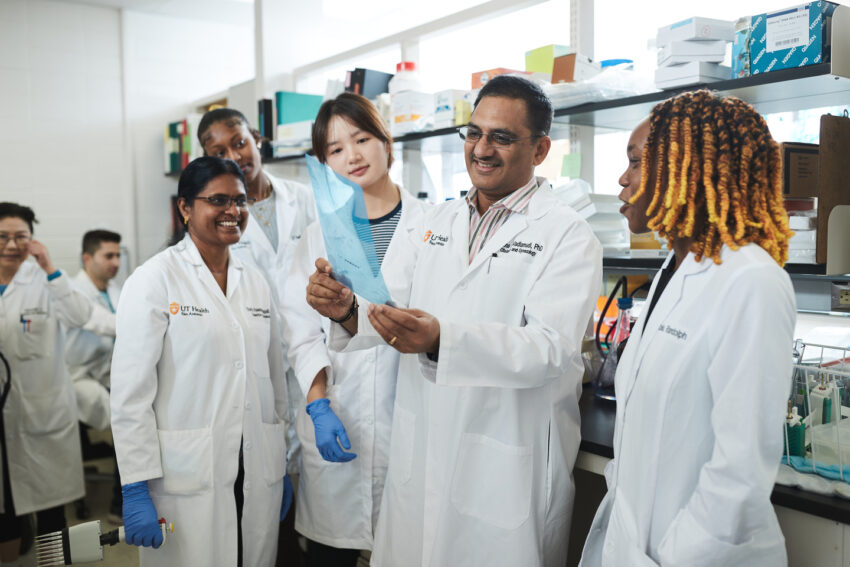 Ratna K. Vadlamudi, PhD (second from right), with (from left to right) Xiaonan Li, MD, research associate; Behnam Ebrahimi, MS, PhD program graduate student; Suryavathi Viswanadhapalli, PhD, assistant professor; Alexia Collier, NIH postbaccalaureate trainee; Xue Yang, visiting MD student; and Lois Randolph, PhD program graduate student, in Vadlamudi's lab.