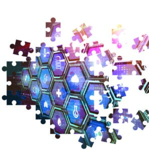 Puzzle pieces with medical device icons