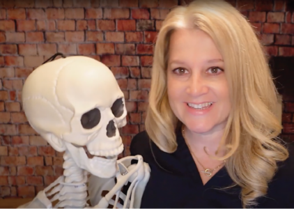 Dibbie Jennings with her Bones, her skeleton sidekick.