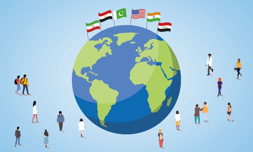 An illustration of the globe surrounded by people walking all around it.
