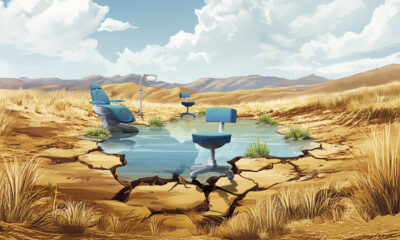 An illustration of various dental chairs set around a small oasis in a dry desert landscape.