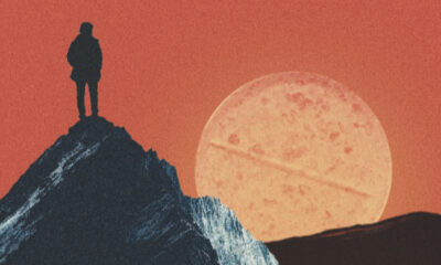 Illustration of a person standing on a mountain, in front of an orange sky, looking at a moon that is made out of a pill.