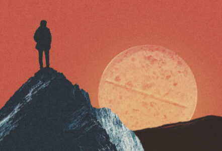 Illustration of a person standing on a mountain, in front of an orange sky, looking at a moon that is made out of a pill.